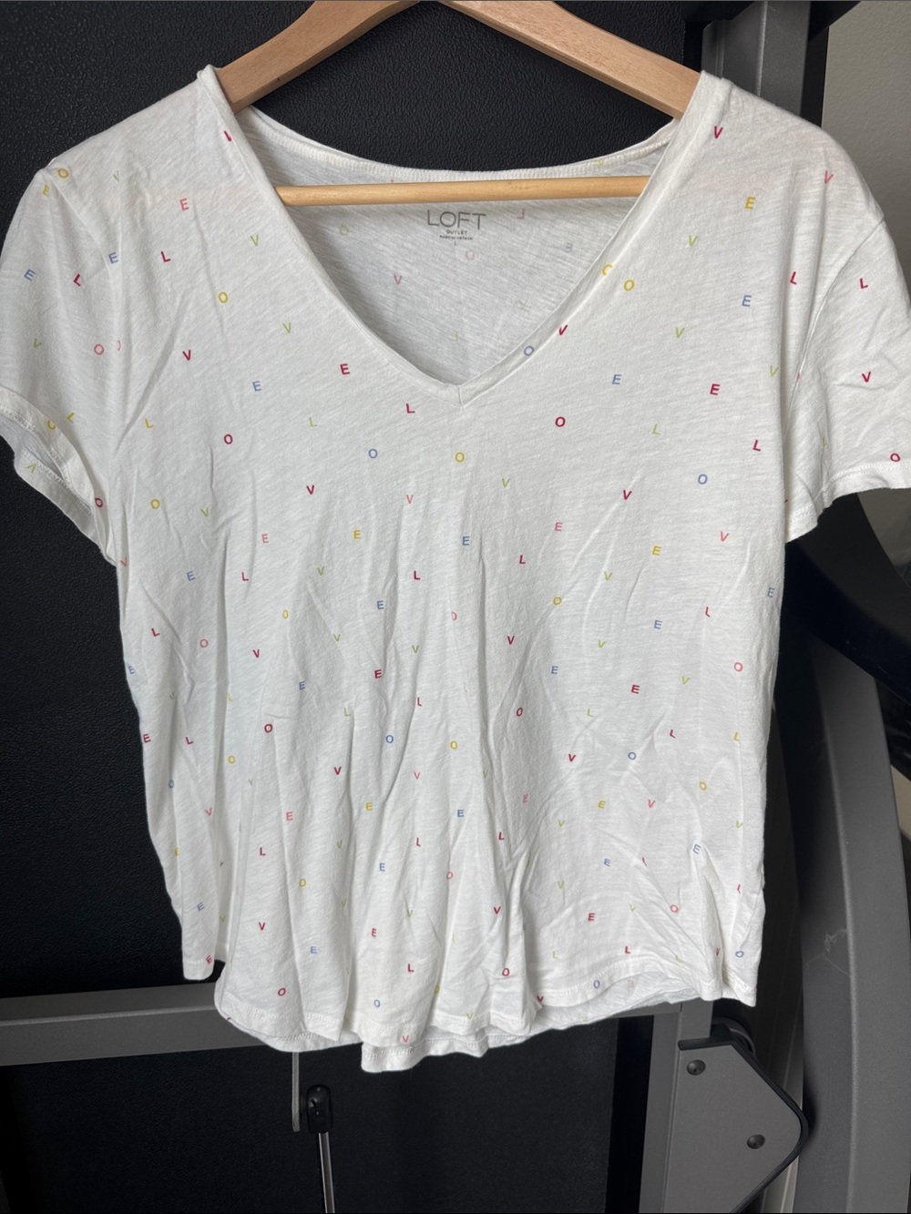 LOFT White V-Neck Short Sleeve Tee with Tiny Multicolor Letter Dots